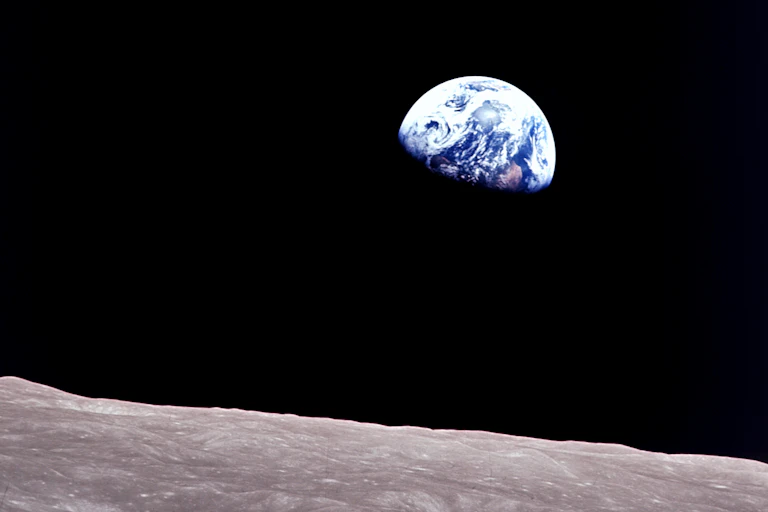 The iconic image of Earth rise taken from the surface of the Moon aboard the Apollo 8 in 1968.