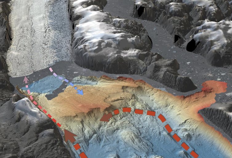 Annotated image of glacier, fjord and seabed.