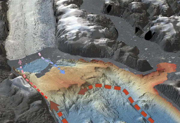Annotated image of glacier, fjord and seabed.
