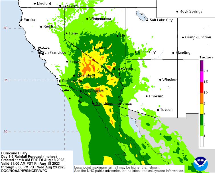 A map shows precipitation forecasts for much of southern California, as well as Arizona and Nevada.