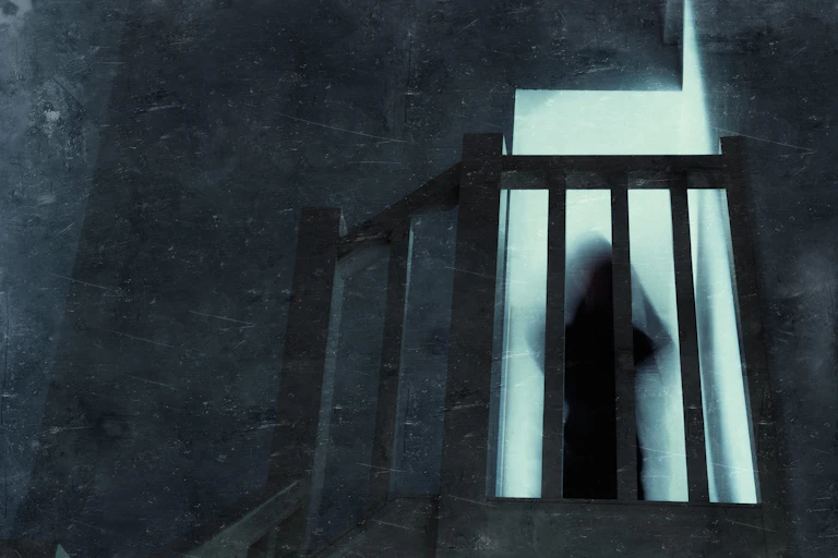 A blurry ghostly figure stands at the top of a darkened stairway.