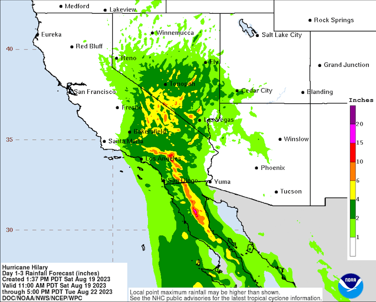 A map shows rainfall forecast across much of Southern California and into Arizona and Nevada.