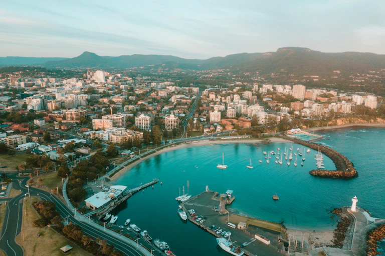 aerial view of Wollongong from the harbour