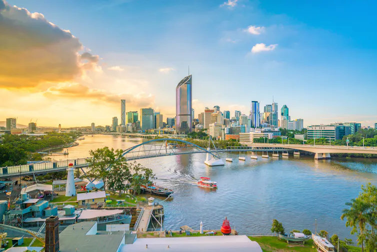 View across river of Brisbane CBD at twilight