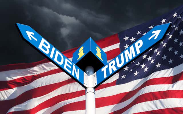 Signposts for Joe Biden to the left and DOnald Trump to the right with US flag in the background.