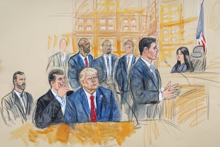 A drawing of a lot of men in a court.