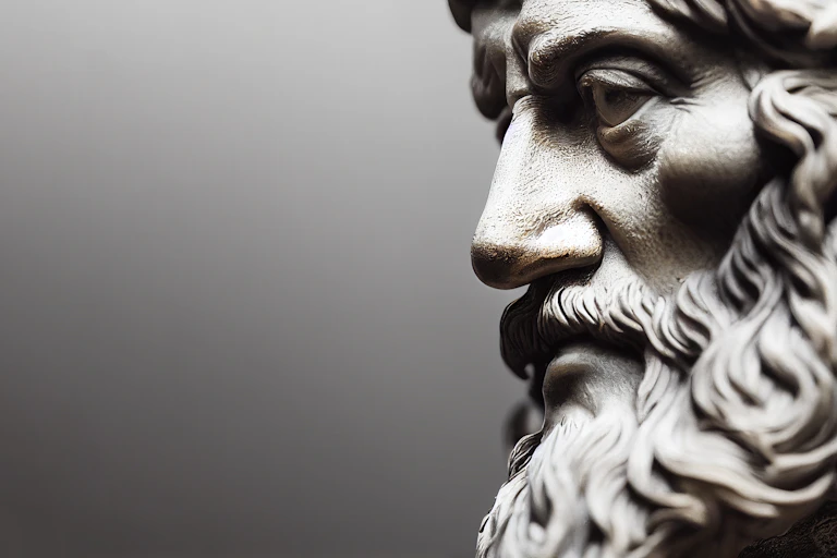 The head of a stone statue is seen in profile.