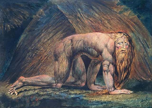 Painting of naked and unkempt man crawling on the ground