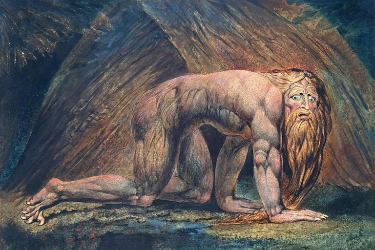 Painting of naked and unkempt man crawling on the ground