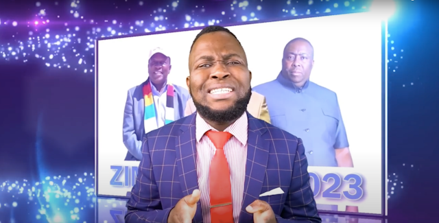 A TV studio with a young man serving as a newsreader, on a screen behind him photographs of two men and the words "Zimbabwe 2023"