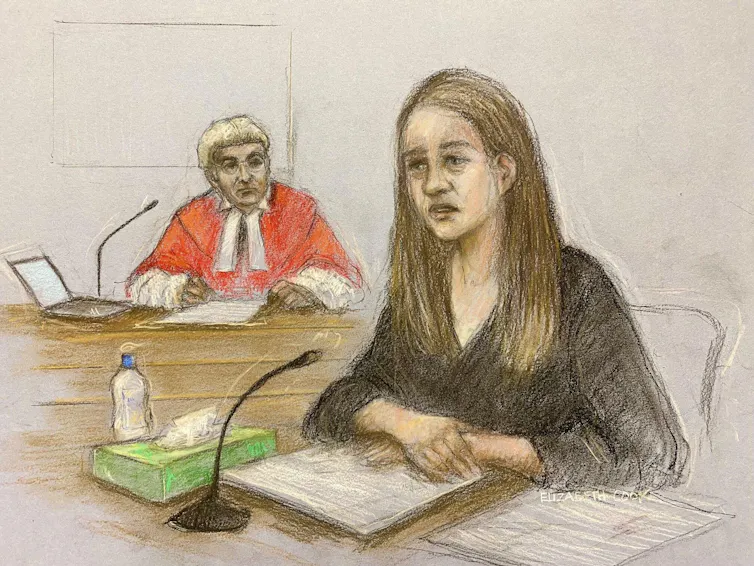 Court sketch of a woman and a judge in red robes and wig.