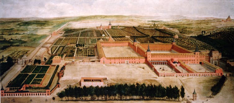 Pintura que muestra un palacio con jardines.