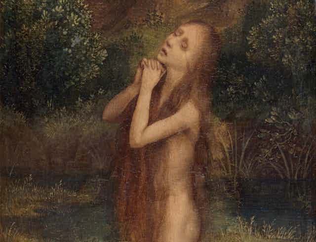 Pintura de una mujer desnuda y con el pelo largo que reza de rodillas.