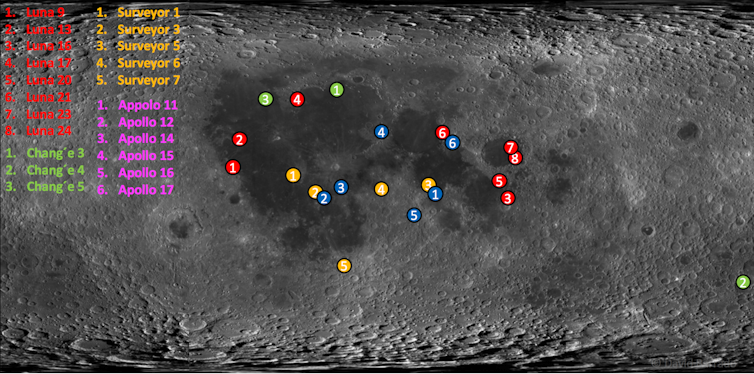 Superficie lunar con la localización de las diferentes misiones que han tenido éxito. Casi todas se concentran en zona central, que corresponde a la cara visible, lejos de los polos. NASA/JPL/D. Barrado, CC BY-NC-SA