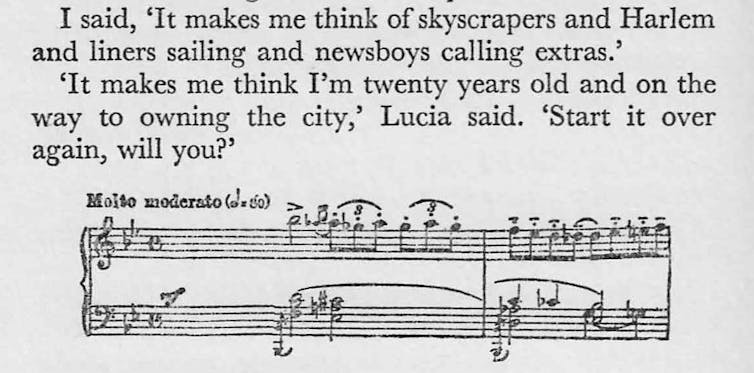 Notas musicales aparecen en una página debajo de un diálogo.