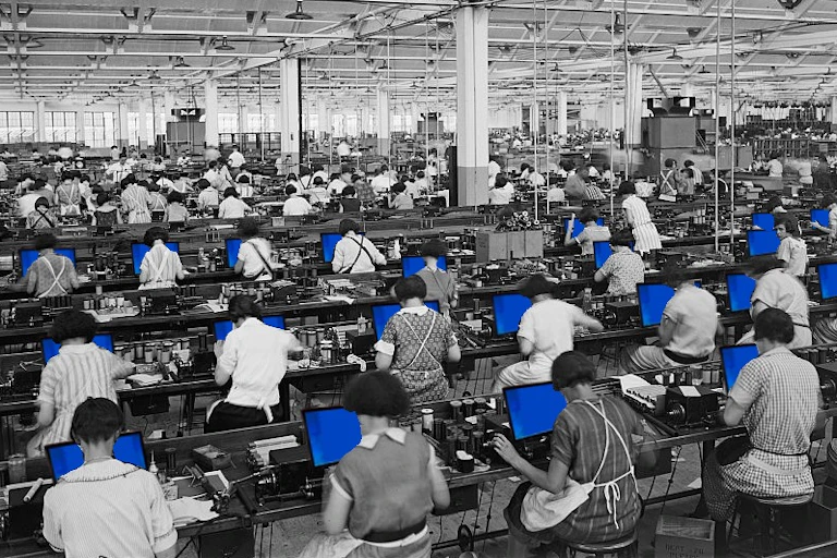 historic black and white photo of rows of women working at benches with blue computer screens in front of them