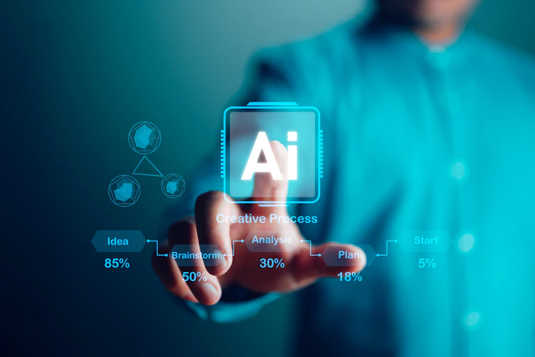 A person in a dress shirt reaches outwards toward a glowing AI symbol