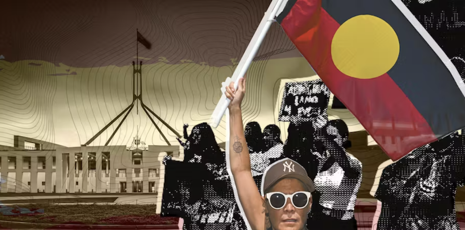 Parliament house, woman waving Aboriginal flag