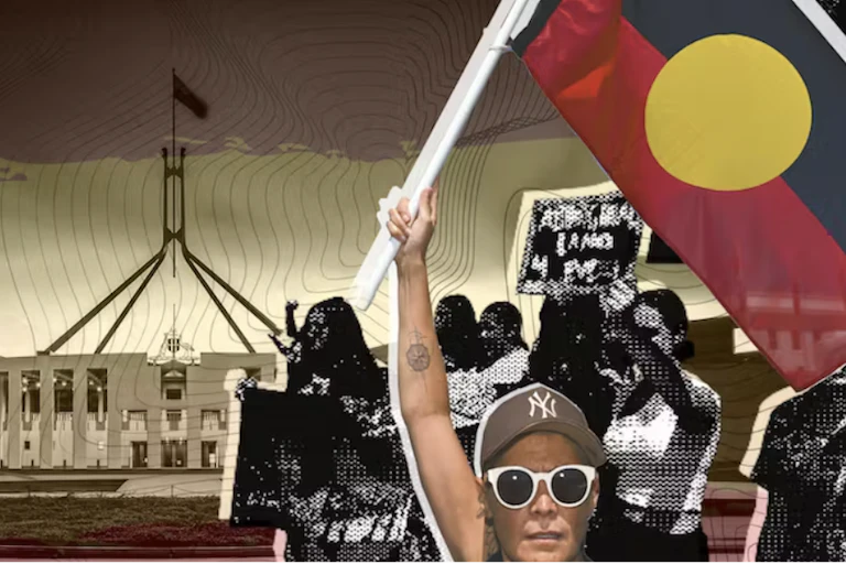 Parliament house, woman waving Aboriginal flag