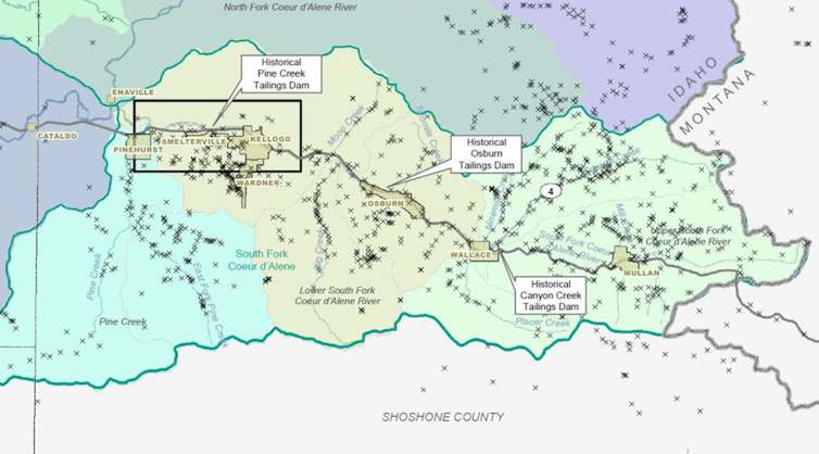 A map is pocked with x's showing mine sites across the region, mostly east of the Bunker Hill fire site.