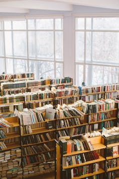 Rows of library shelves