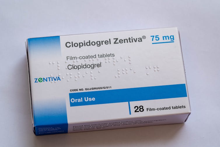 A prescription box of clopidogrel pills.