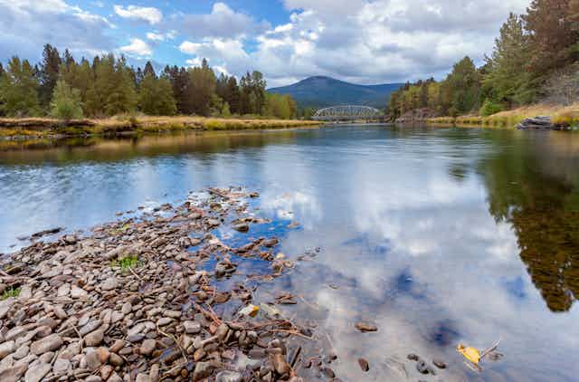 A view of a shallow part of a river with a bridge and mountains in the background. Pine forests line the banks. The image is taken near Cataldo, a few miles from the fire smelter.