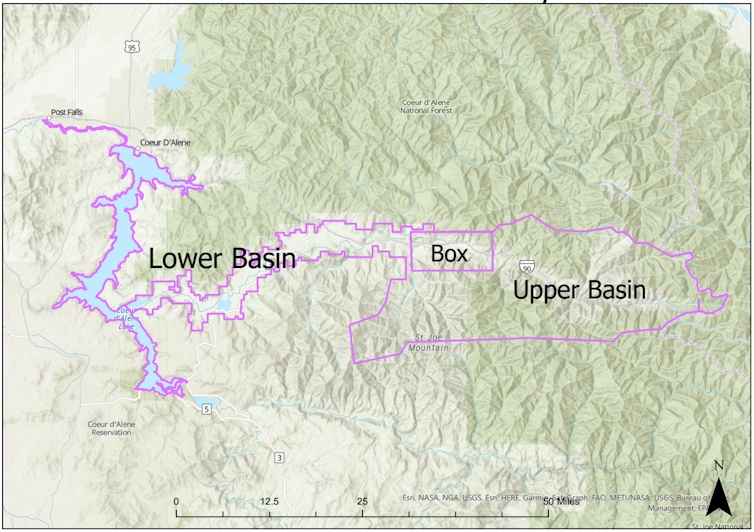 A map shows a boundary around the lake and along the river.