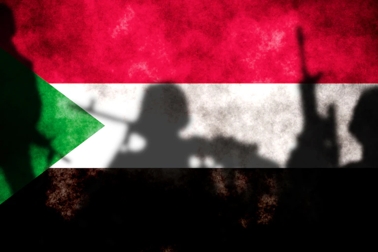Double exposure of Sudan flag. Symbols depicting the Civil War