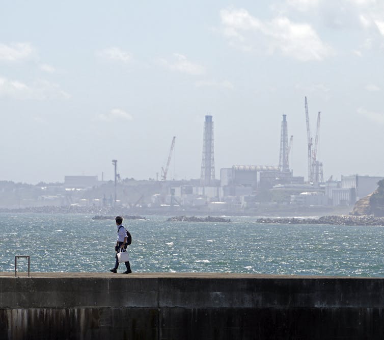A man walks on a breakwater wall at Ukedo fishing port, near the Fukushima Daiichi nuclear power plant.