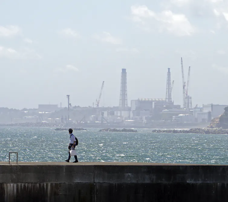 A man walks on a breakwater wall at Ukedo fishing port, near the Fukushima Daiichi nuclear power plant.