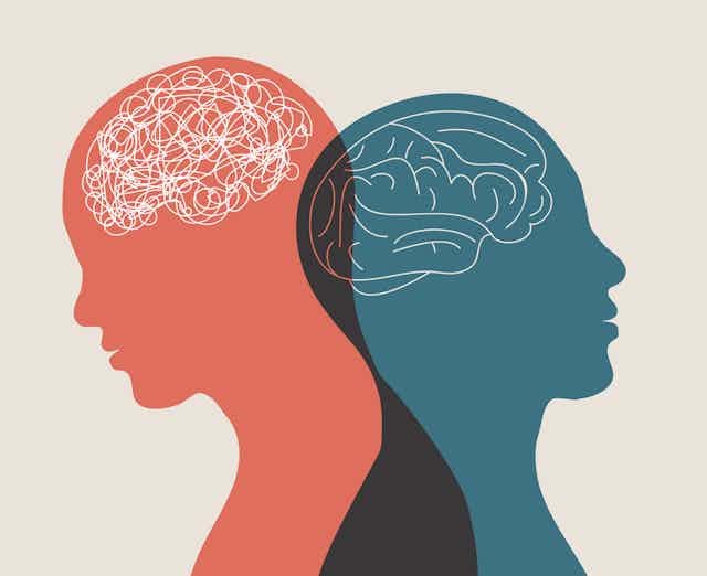 Illustration of silhouettes in profile, one with a squiggly, chaotic brain and the other with a smooth brain