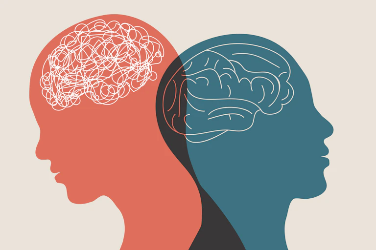 Illustration of silhouettes in profile, one with a squiggly, chaotic brain and the other with a smooth brain