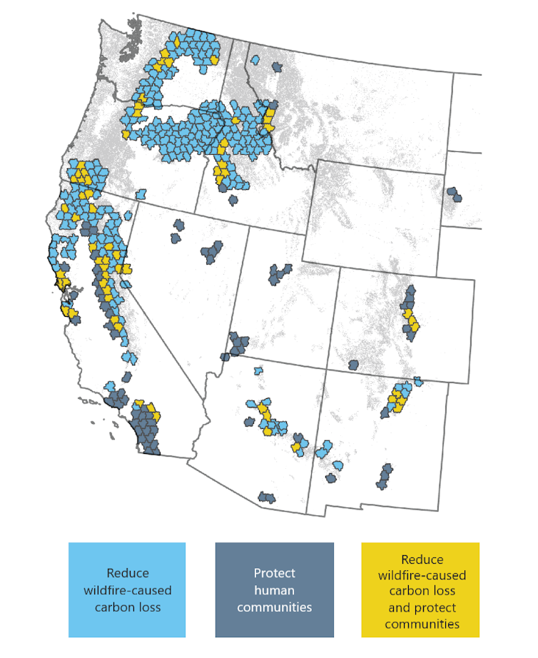 A map of the western U.S. shows areas where protecting human communities and protecting carbon storage overlap, including Flagstaff, Ariz.; Placerville, Calif.; Colorado Springs, Colo.; Hamilton, Mont.; Taos, N.M.; and Medford, Ore.