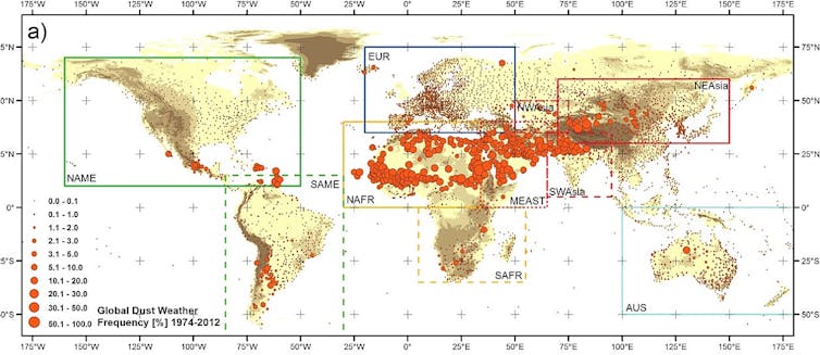 World map showing a concentration of dust storms in the Middle East and North Africa.