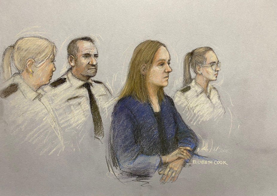 A courtroom drawing of Lucy Letby at Manchester Crown Court.