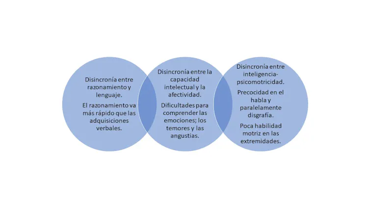 Descripción del fenómeno de las disincronías entendido como un desequilibrio en las capacidades de la niña y el niño, producido por una diferencia en el desarrollo que afecta tanto a su dimensión interna como a las relaciones con el entorno.
