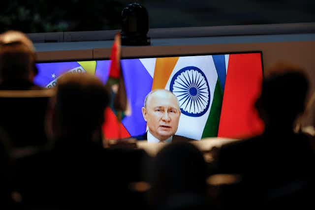 Russian president Vladimir Putin speaking via video link at the 2023 BRICS Summit in Johannesburg, South Africa.