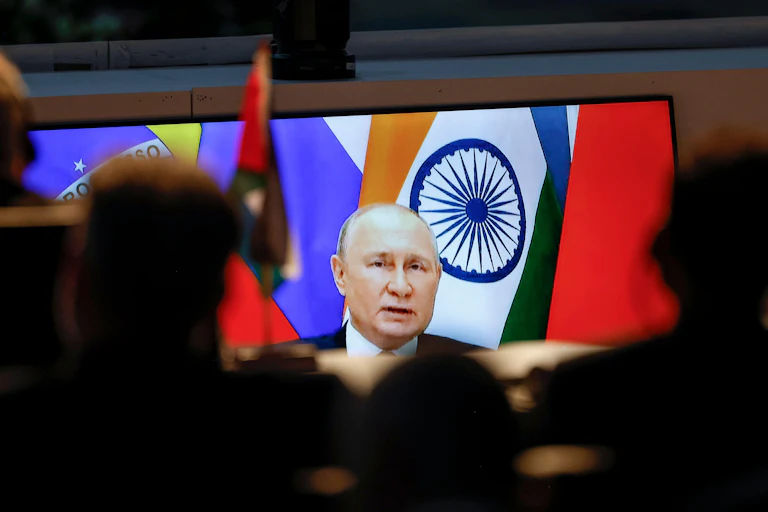 Russian president Vladimir Putin speaking via video link at the 2023 BRICS Summit in Johannesburg, South Africa.