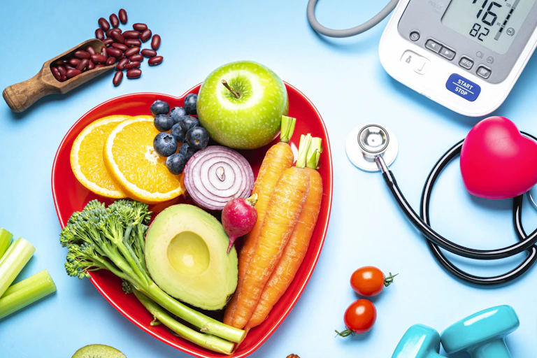 A red heart-shaped plate filled with fruits and vegetables sits next to dumbbells, a blood pressure reader and a stethoscope.