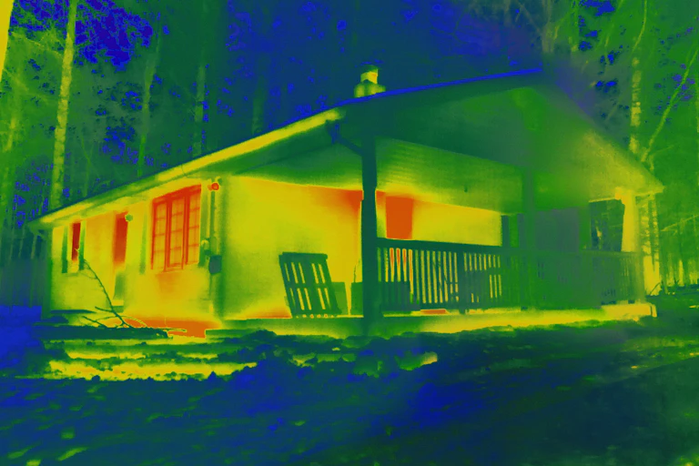 Infrared camera image of home showing heat leaking from windows and doors