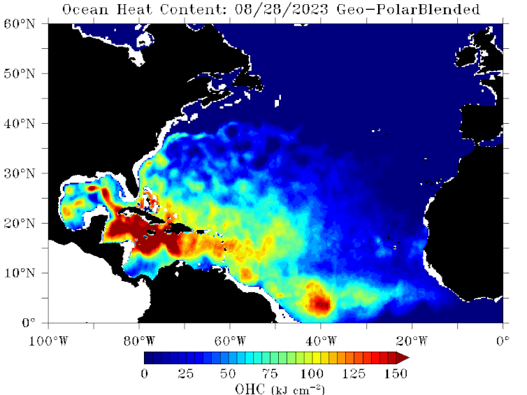 A map shows dark red areas with the deepest ocean heat in the Caribbean and stretching up into the Gulf of Mexico.