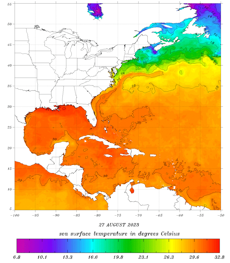 A map shows high sea surface temperatures across the Gulf of Mexico and the Caribbean.
