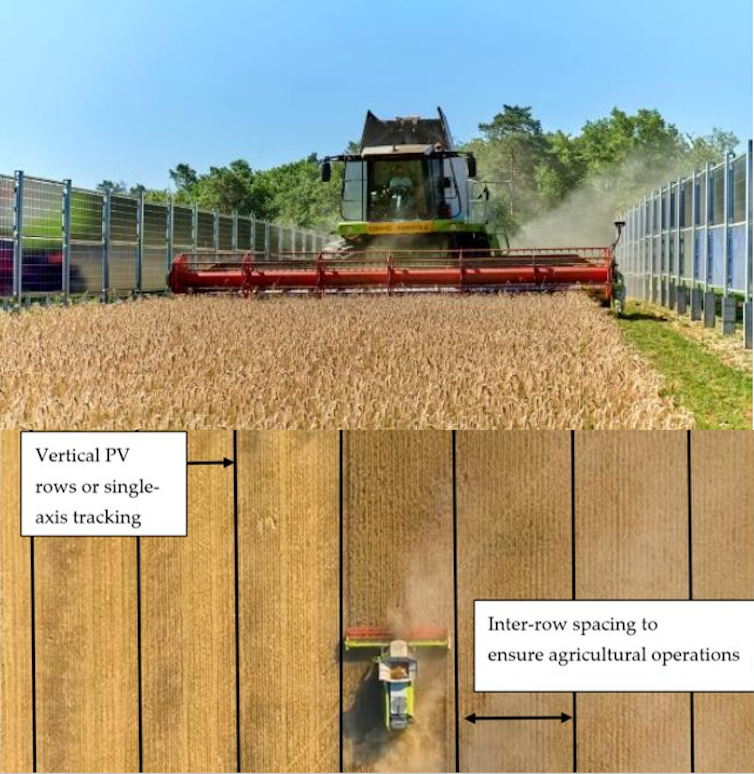 Vertical agrivoltaic systems spaced far enough apart to enable conventional farming.