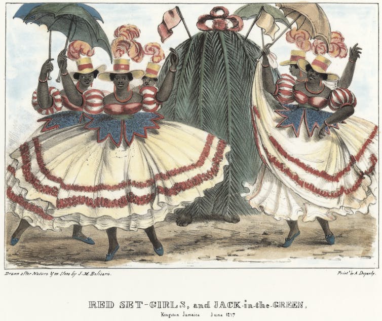 A colored drawing of women in elaborate costumes with white and red skirts.
