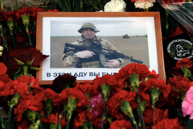Photograph of Wagner Group boss Yevgeny Prigoxzhin as part opf a memorial to the mercenary leader