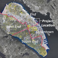 A map of a city with lines marking the different areas