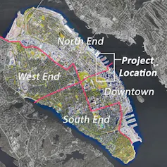 A map of a city with lines marking the different areas