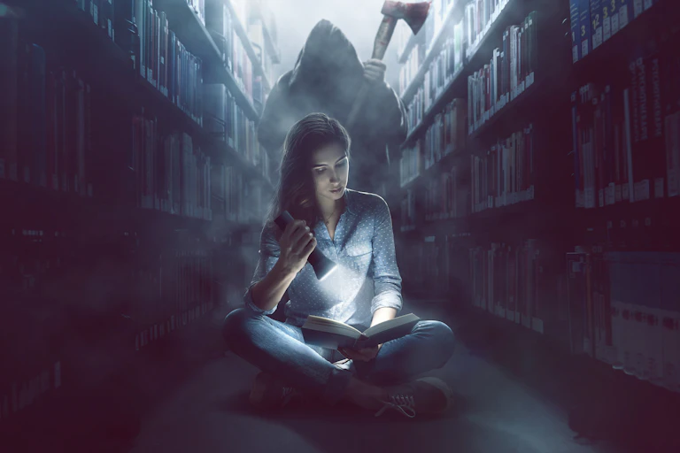 woman reading by torchlight with a hooded figure stood behind her holding an axe.