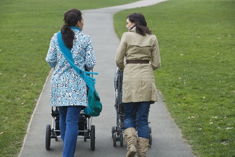 Two women pushing strollers in park, seen from behind